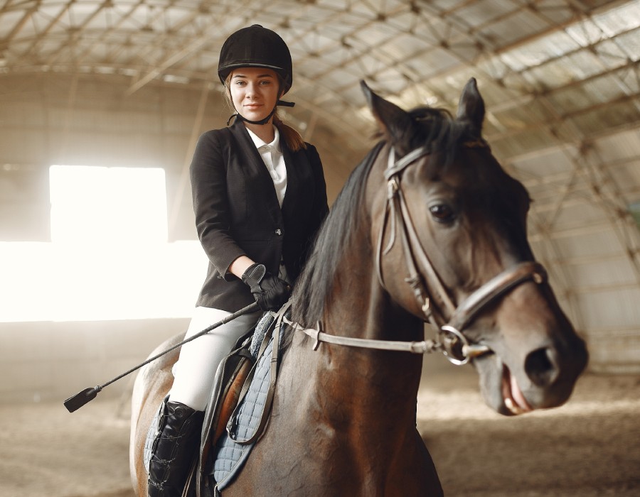 Cavalière montant son cheval dans le manège de l’écurie